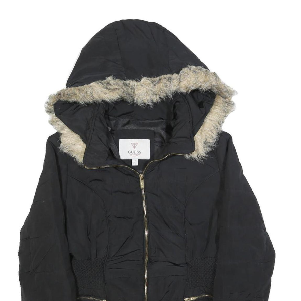 GUESS Womens Black Puffer Jacket L Polyester Hooded Zip Winter Coat Warm