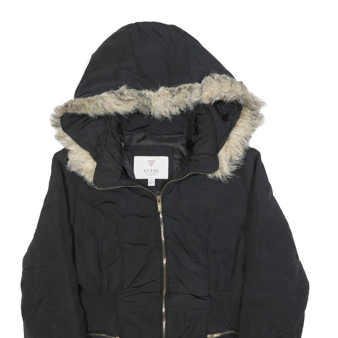 GUESS Womens Black Puffer Jacket L Polyester Hooded Zip Winter Coat Warm