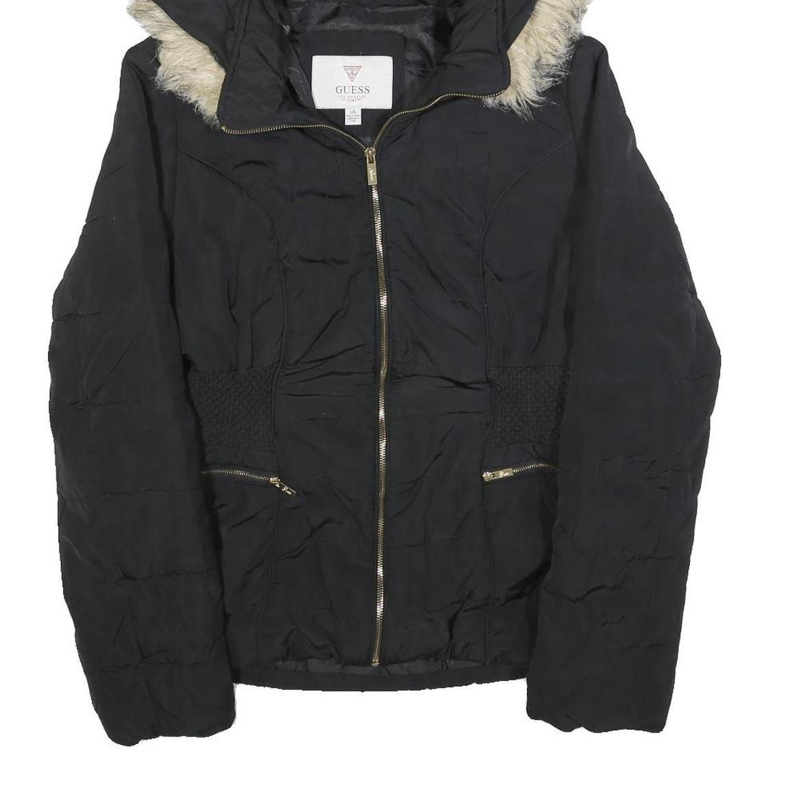 GUESS Womens Black Puffer Jacket L Polyester Hooded Zip Winter Coat Warm