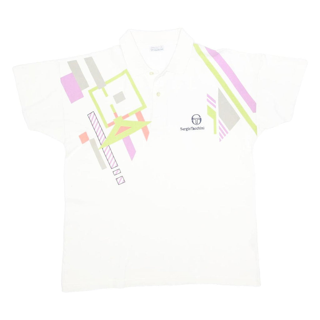SERGIO TACCHINI Mens White Abstract Print Short Sleeve Polo Shirt L Cotton