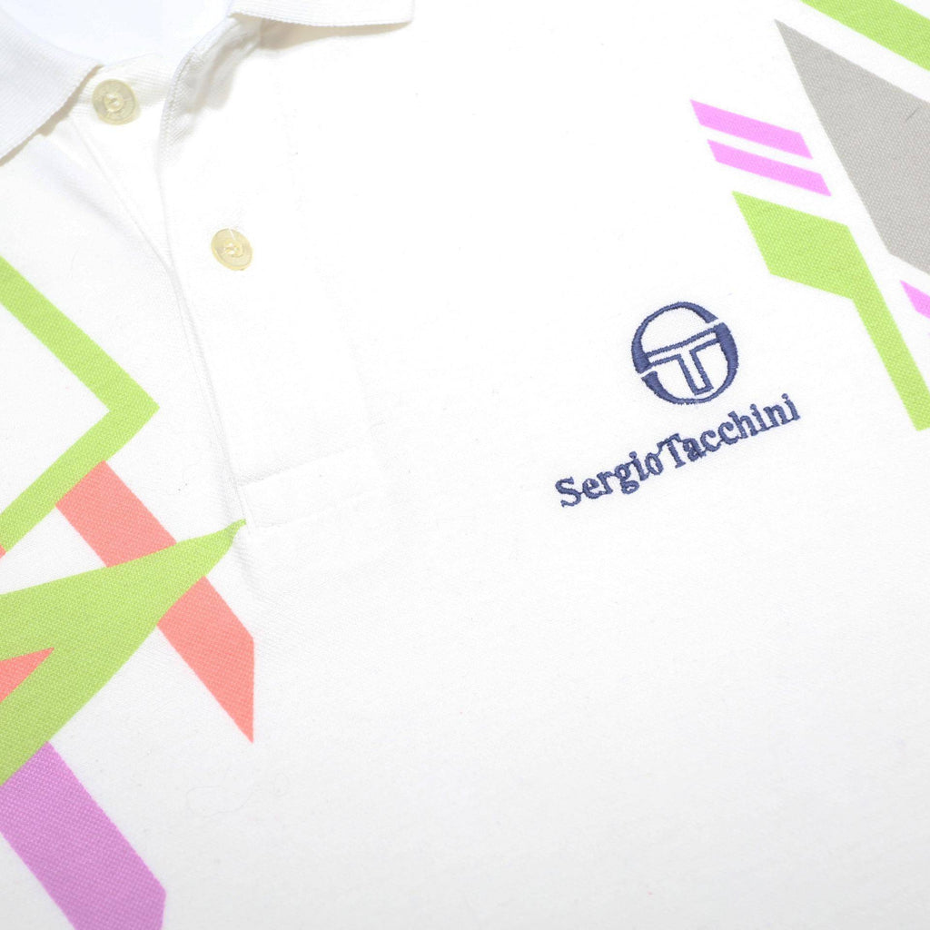 SERGIO TACCHINI Mens White Abstract Print Short Sleeve Polo Shirt L Cotton