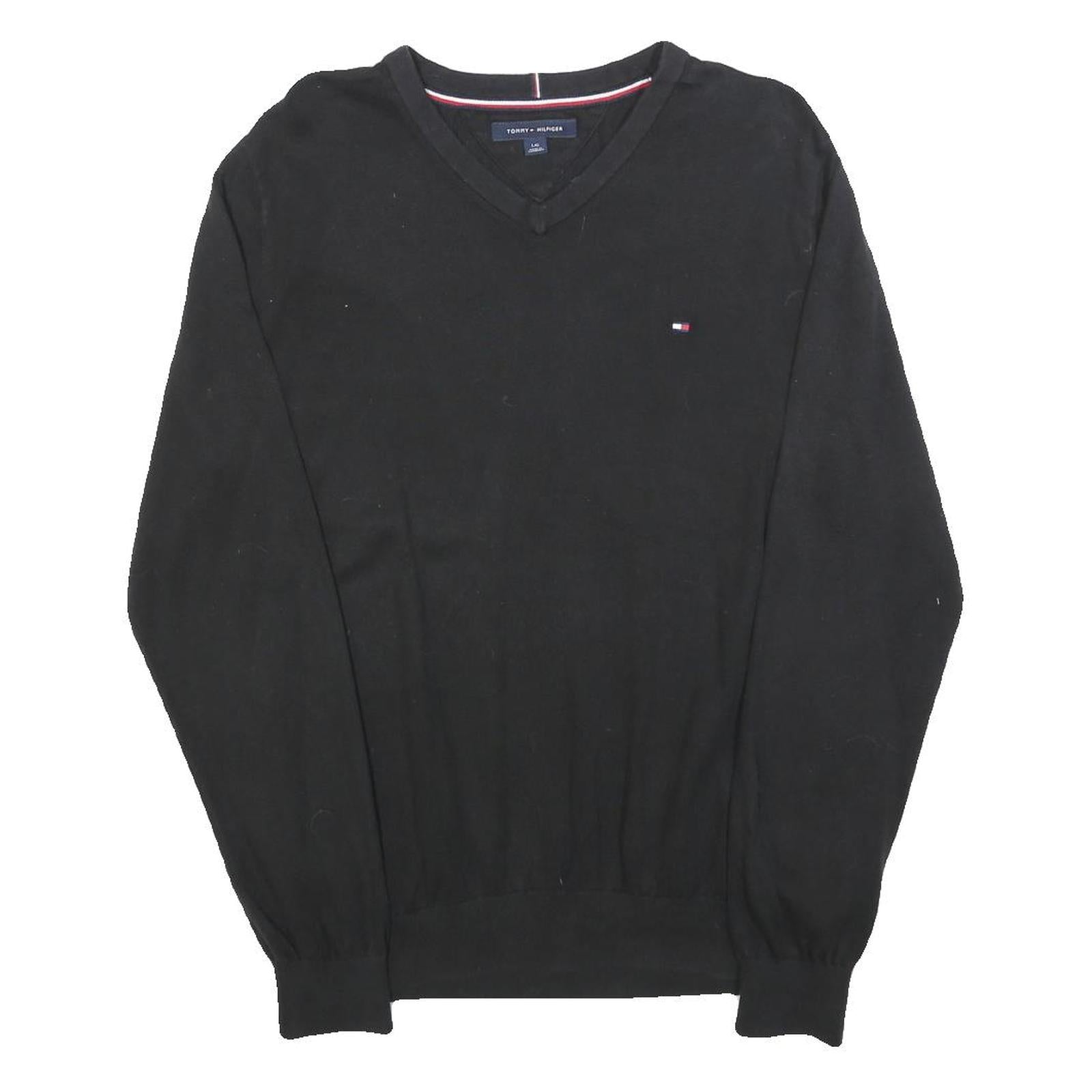 TOMMY HILFIGER Mens Black Plain V-Neck Basic Knit Jumper L Cotton Blend Pullover