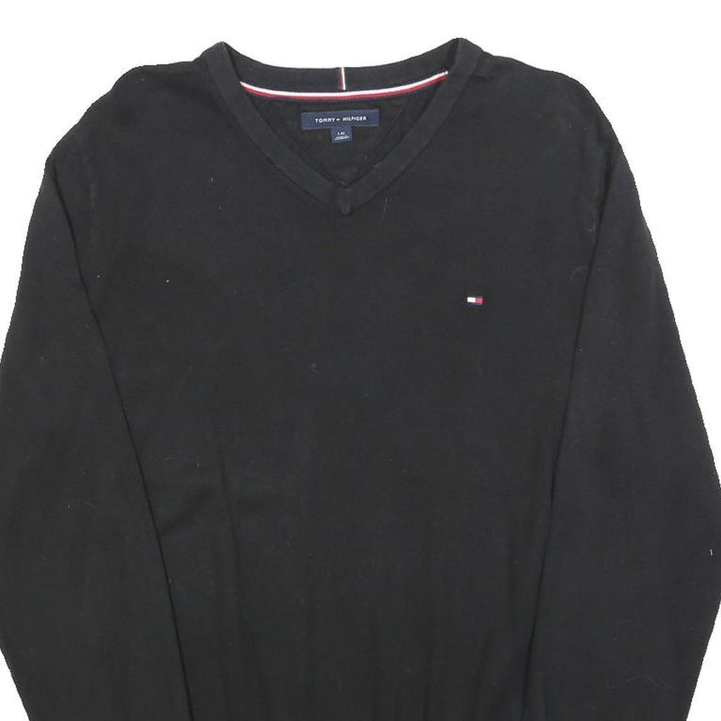 TOMMY HILFIGER Mens Black Plain V-Neck Basic Knit Jumper L Cotton Blend Pullover