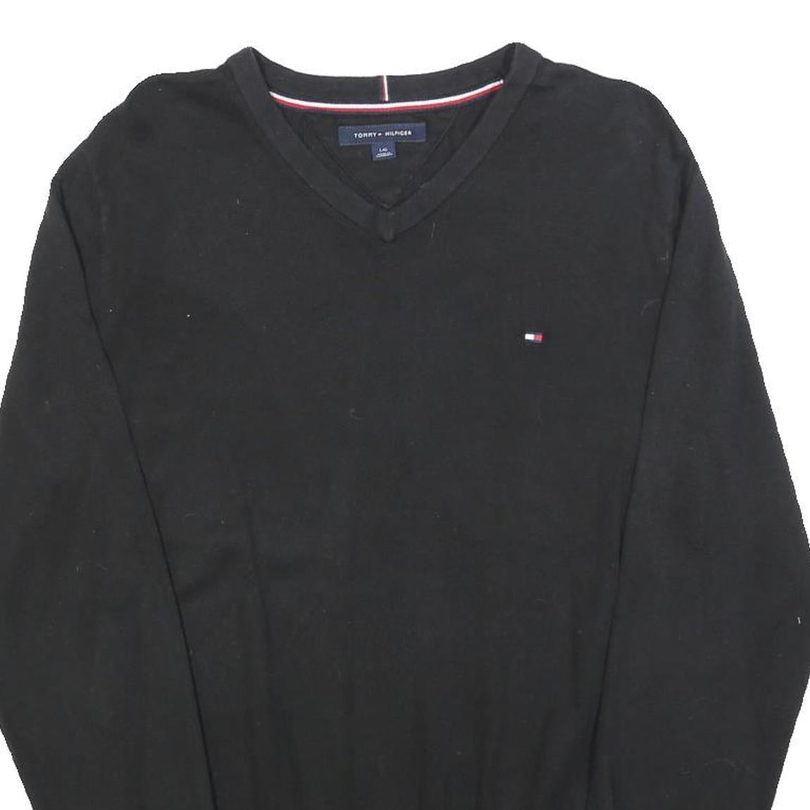 TOMMY HILFIGER Mens Black Plain V-Neck Basic Knit Jumper L Cotton Blend Pullover