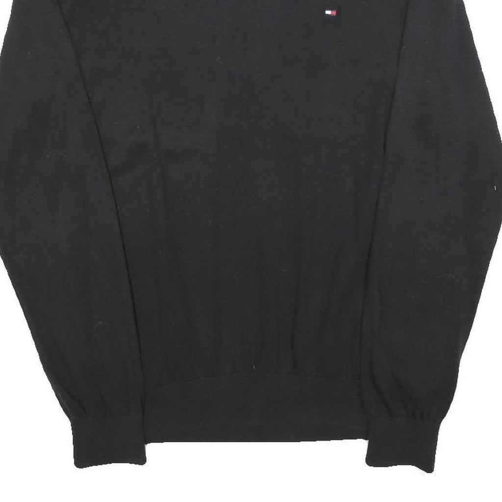 TOMMY HILFIGER Mens Black Plain V-Neck Basic Knit Jumper L Cotton Blend Pullover