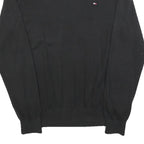 TOMMY HILFIGER Mens Black Plain V-Neck Basic Knit Jumper L Cotton Blend Pullover