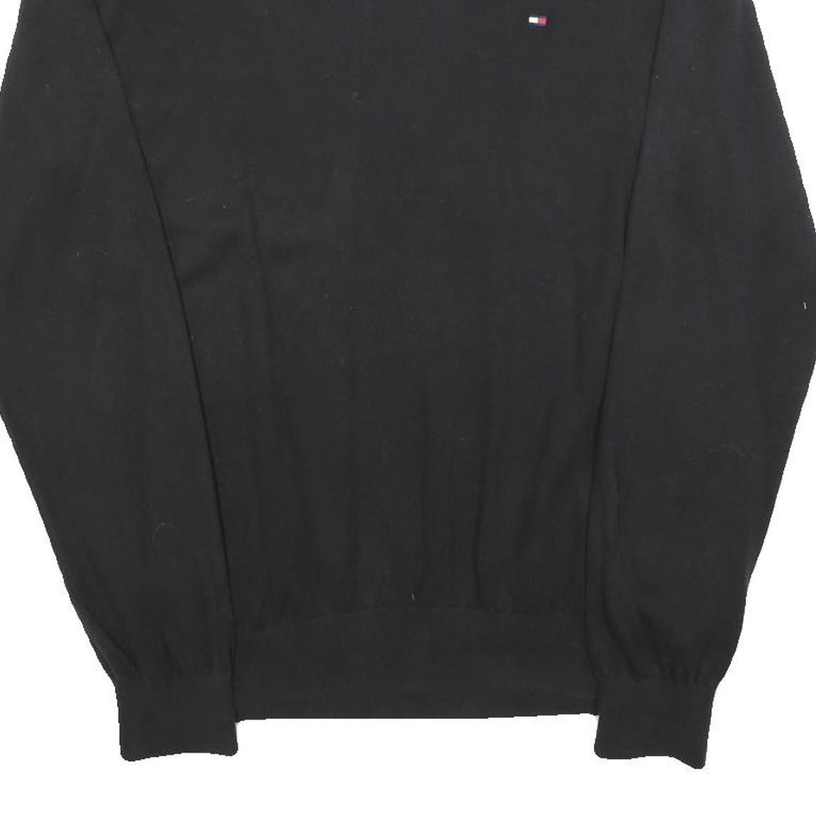 TOMMY HILFIGER Mens Black Plain V-Neck Basic Knit Jumper L Cotton Blend Pullover