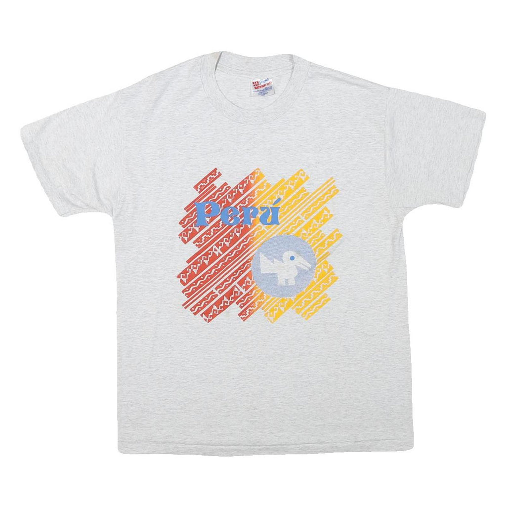 HANES Mens White Peru Graphic T-Shirt L Short Sleeve Crew Neck Cotton Blend