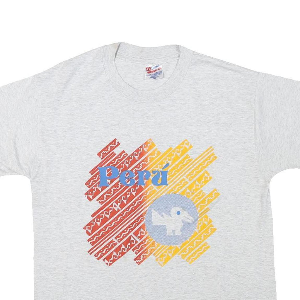 HANES Mens White Peru Graphic T-Shirt L Short Sleeve Crew Neck Cotton Blend