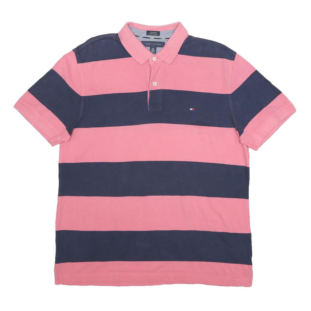 TOMMY HILFIGER Mens Pink & Navy Striped Short Sleeve Polo Shirt L Classic Cotton
