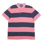 TOMMY HILFIGER Mens Pink & Navy Striped Short Sleeve Polo Shirt L Classic Cotton