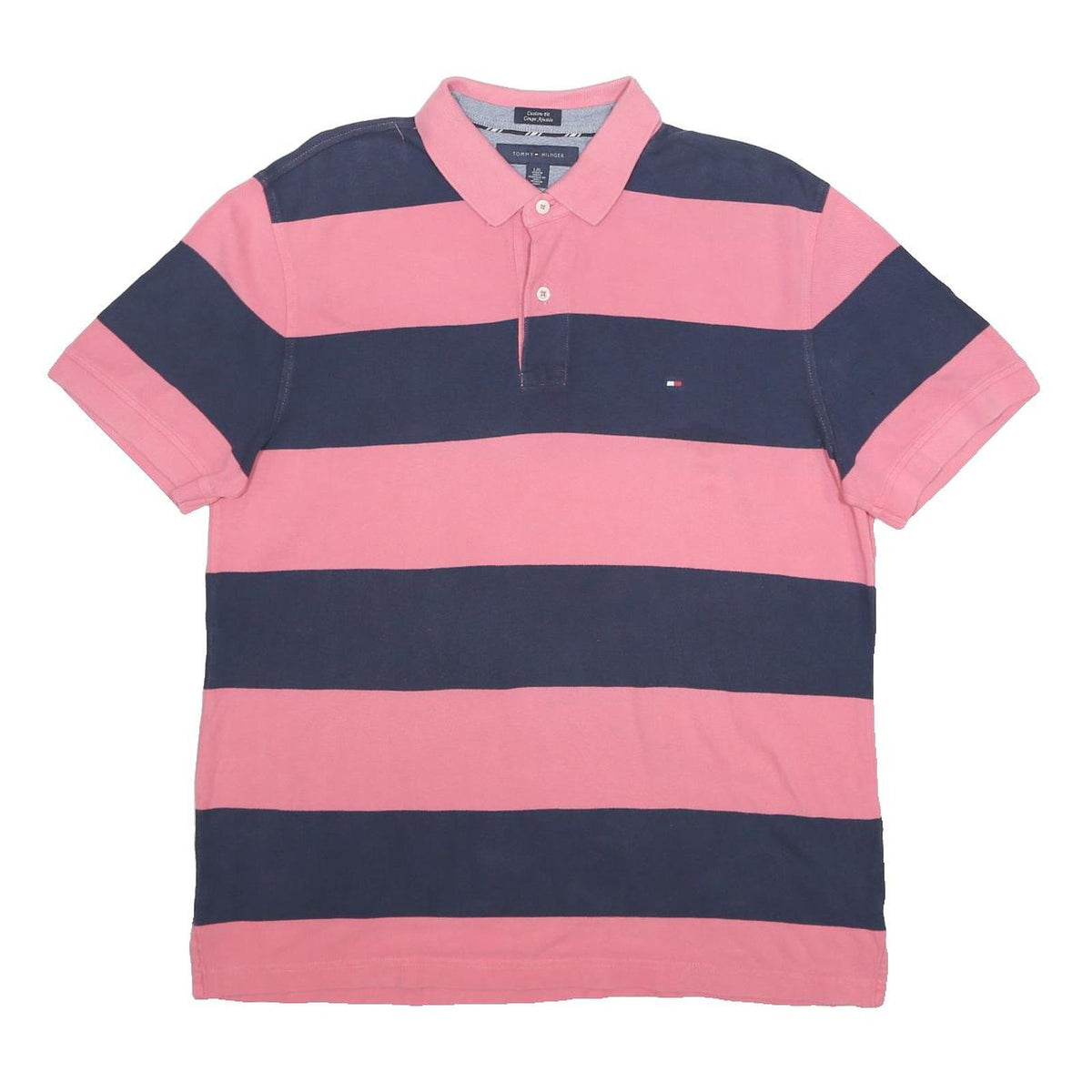 TOMMY HILFIGER Mens Pink & Navy Striped Short Sleeve Polo Shirt L Classic Cotton