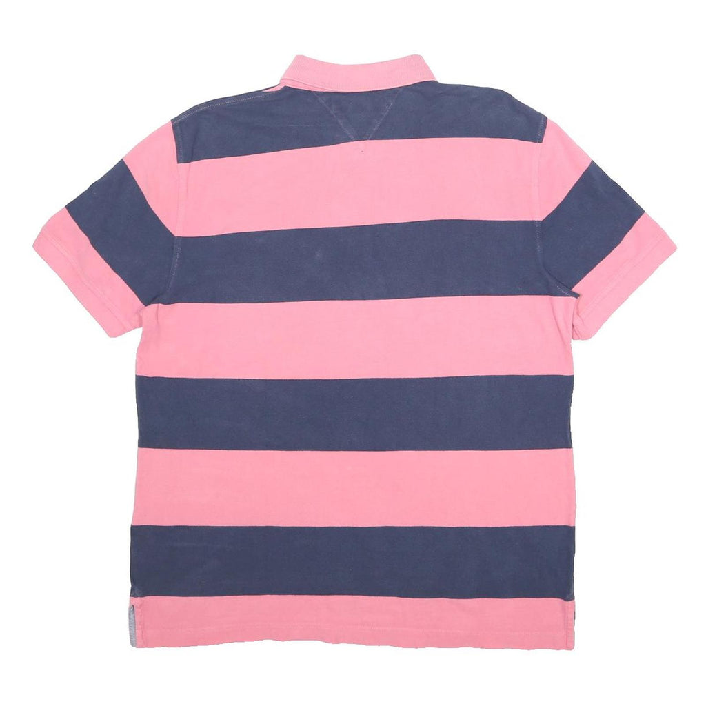 TOMMY HILFIGER Mens Pink & Navy Striped Short Sleeve Polo Shirt L Classic Cotton