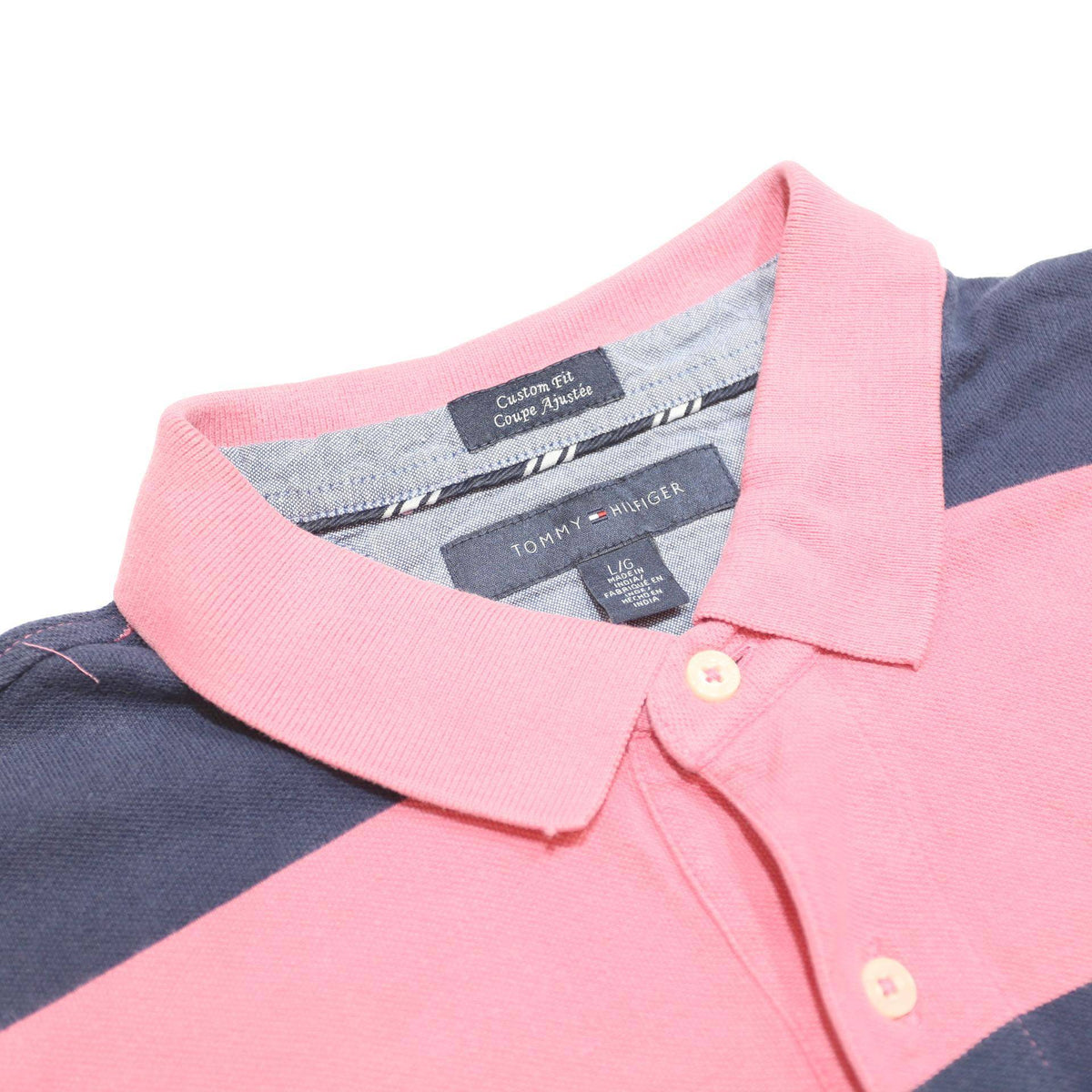 TOMMY HILFIGER Mens Pink & Navy Striped Short Sleeve Polo Shirt L Classic Cotton