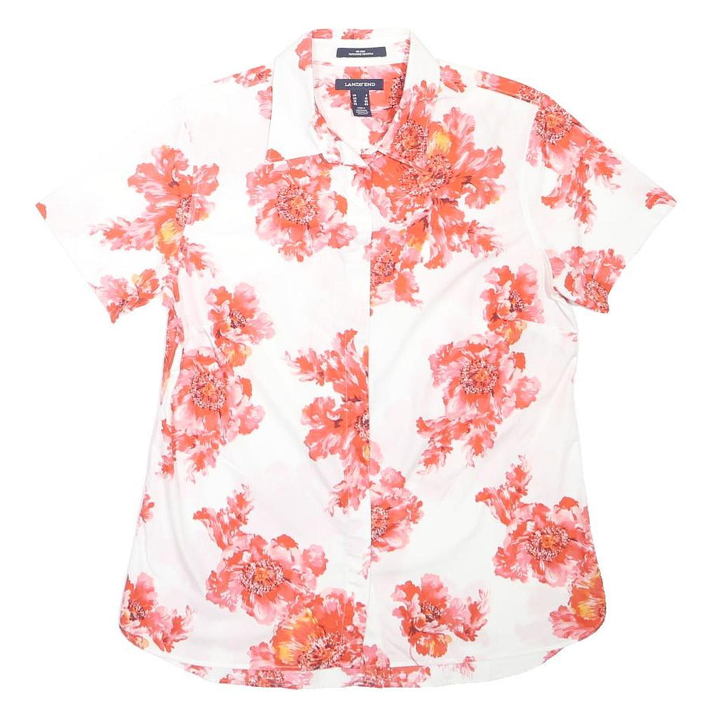 LANDS'END Womens White & Orange Floral Shirt Short Sleeve Collared UK 12