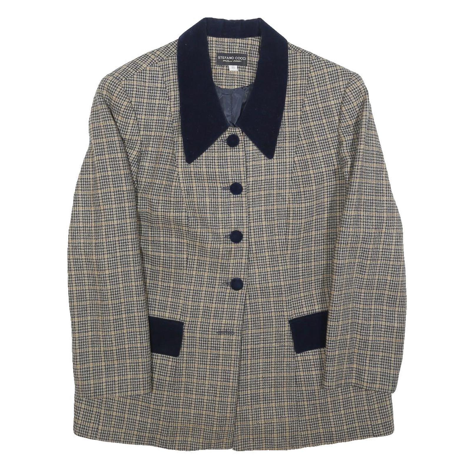 STAFANO COCCI Womens Beige & Blue Wool Check Jacket L Button Classic Tailored