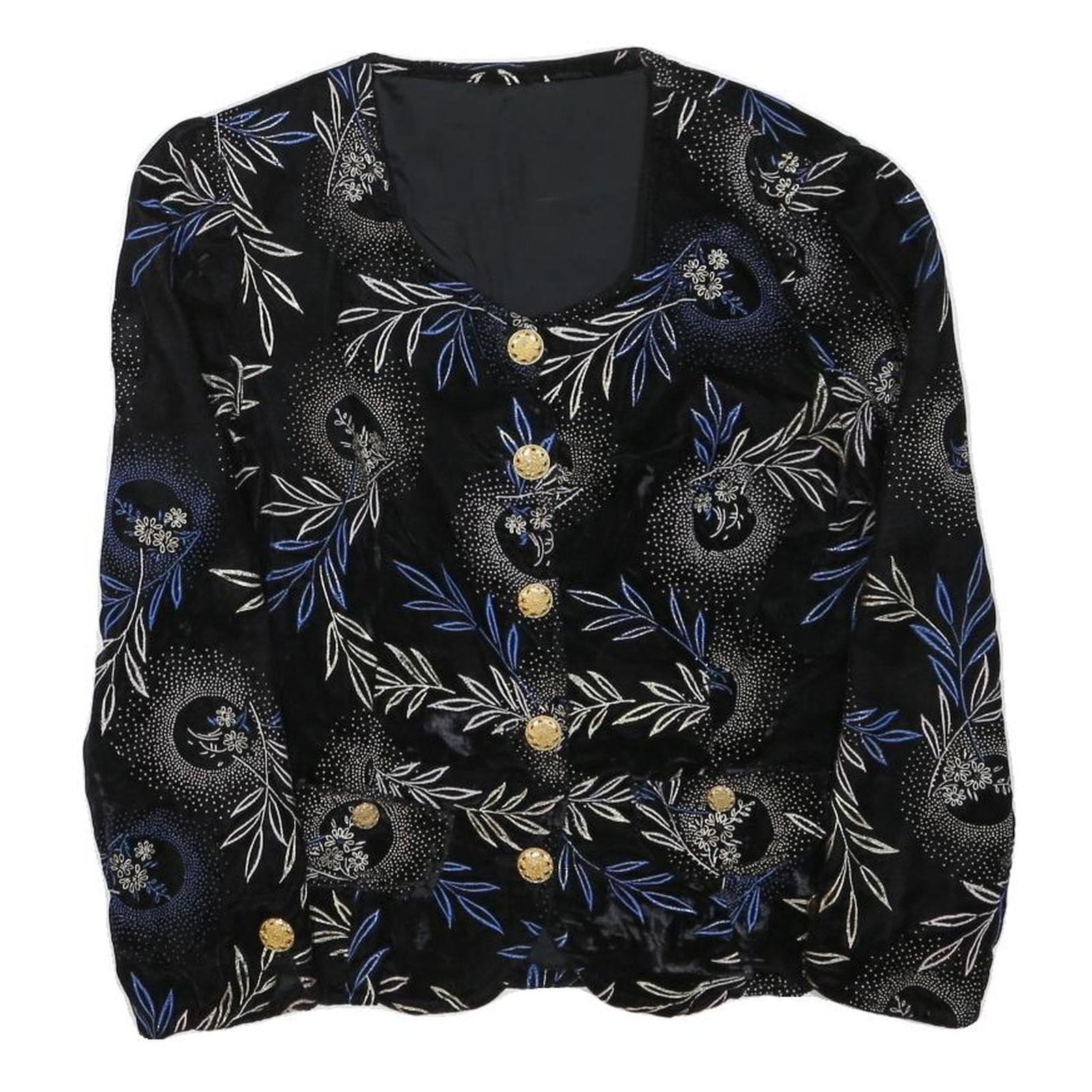 Womens Black & Blue Floral Button Jacket S Polyester Blend Elegant Patterned