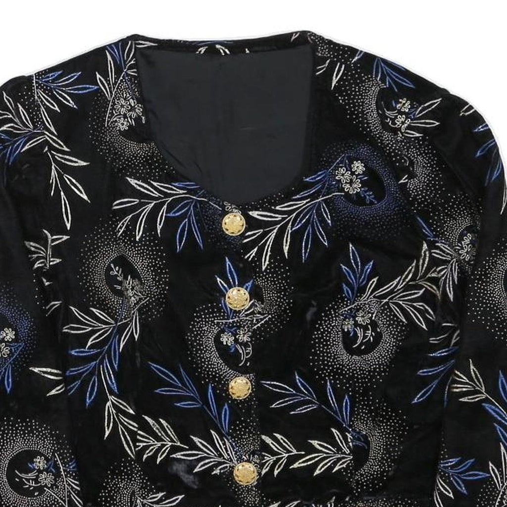 Womens Black & Blue Floral Button Jacket S Polyester Blend Elegant Patterned