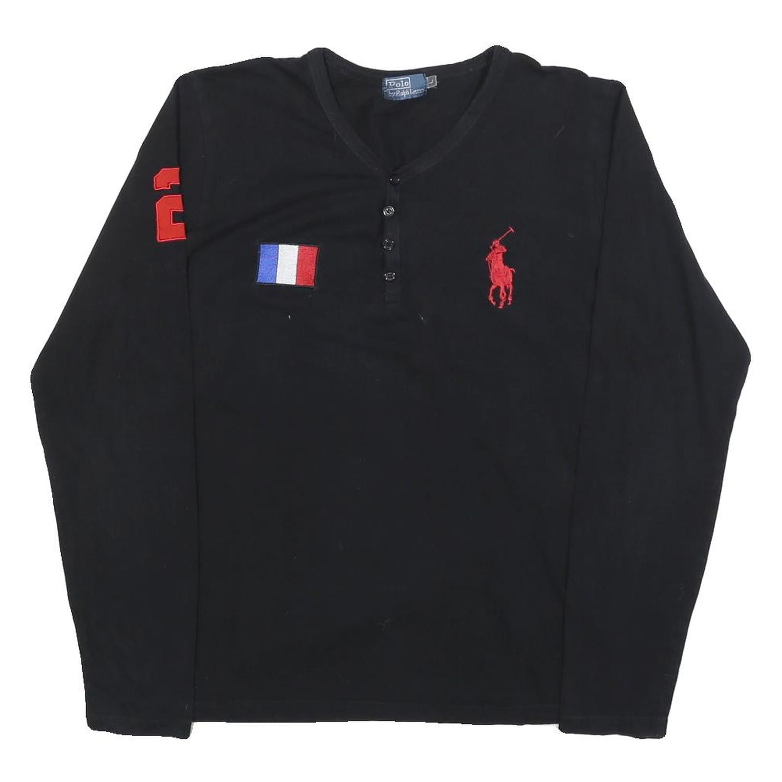 POLO RALPH LAUREN Womens Black & Red Graphic T-Shirt L Long Sleeve V-Neck Button