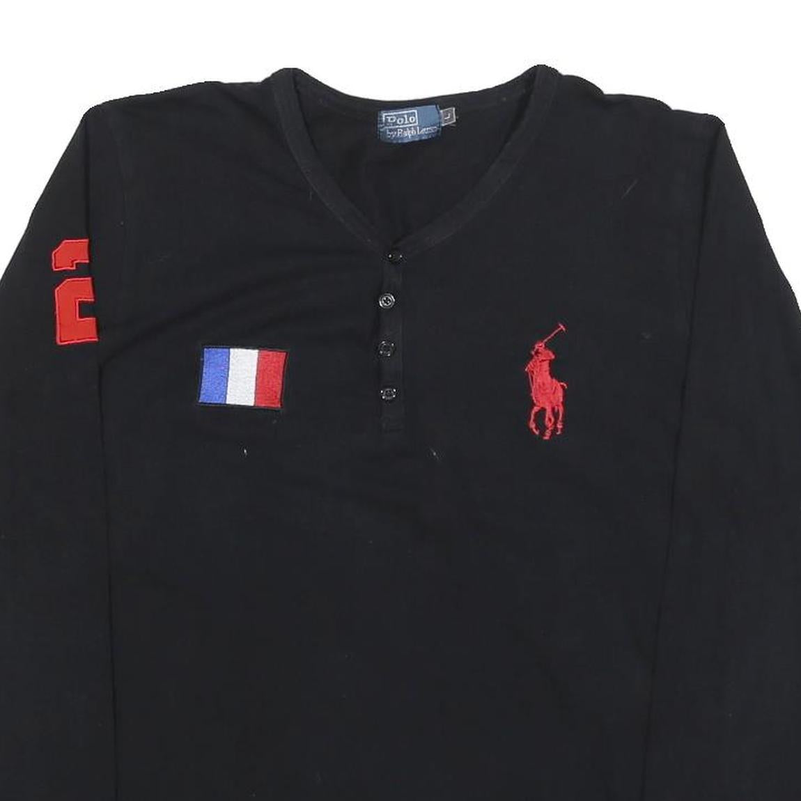 POLO RALPH LAUREN Womens Black & Red Graphic T-Shirt L Long Sleeve V-Neck Button