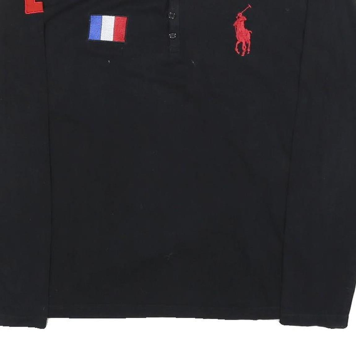 POLO RALPH LAUREN Womens Black & Red Graphic T-Shirt L Long Sleeve V-Neck Button