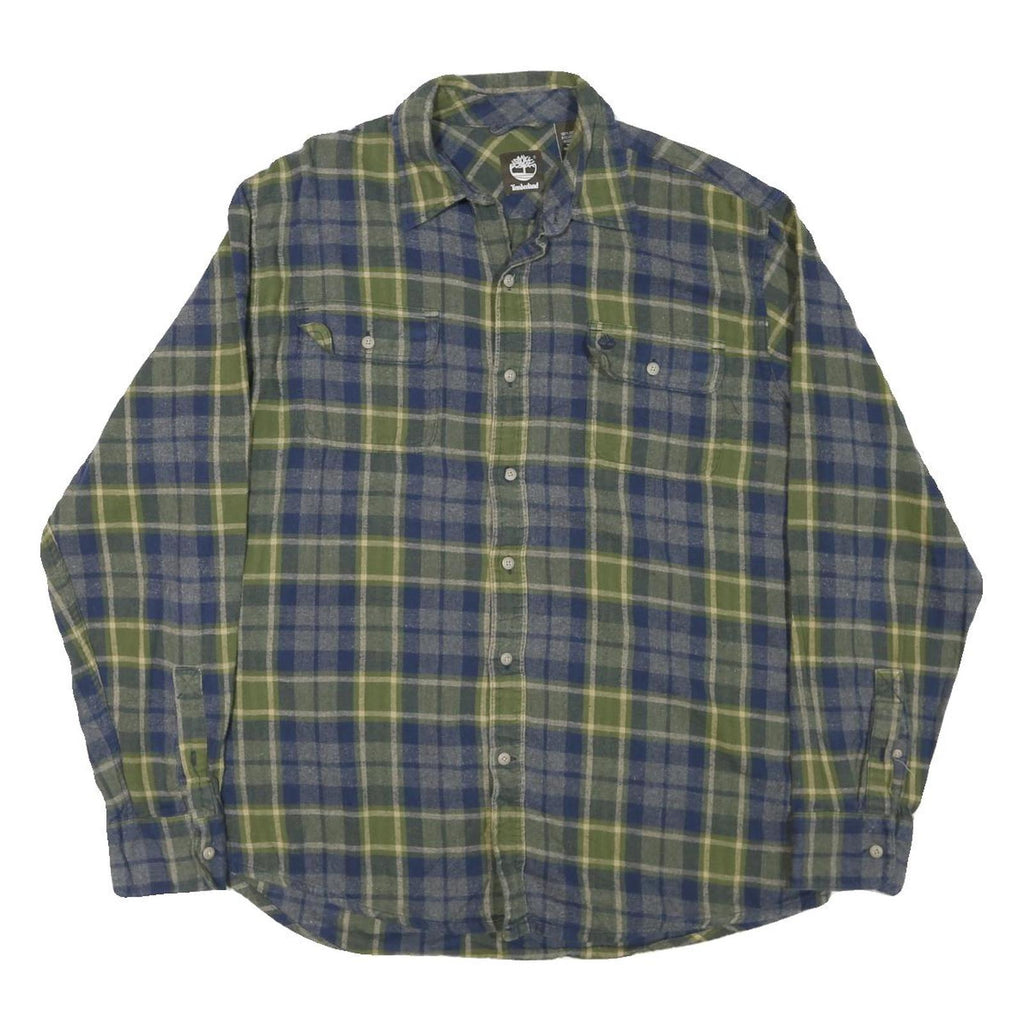 TIMBERLAND Mens Green & Blue Check Shirt L Cotton Blend Long Sleeve Casual