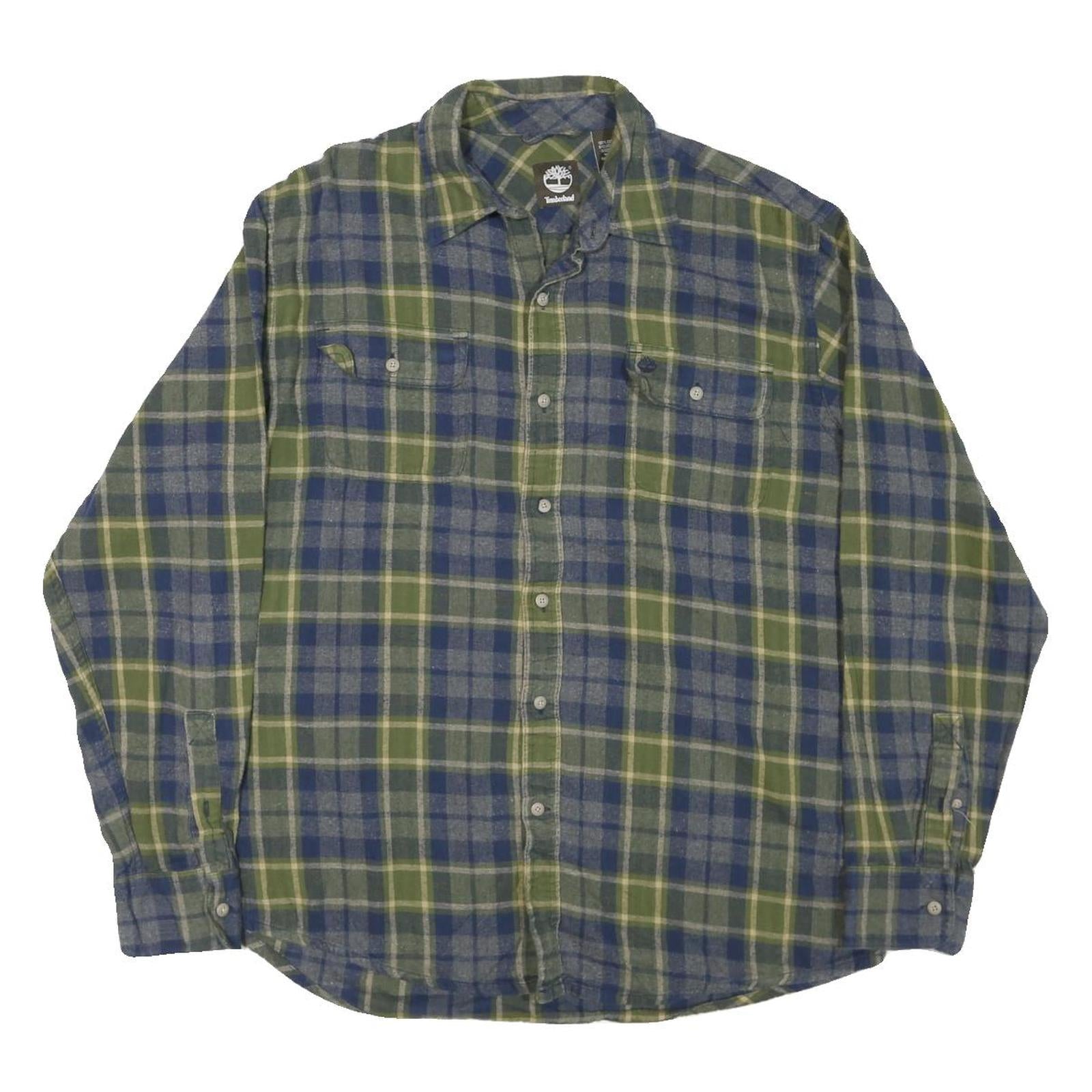 TIMBERLAND Mens Green & Blue Check Shirt L Cotton Blend Long Sleeve Casual