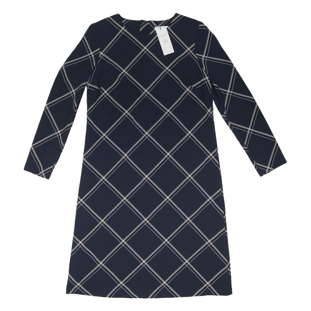 M&S Womens Navy Blue & Cream Check Day Woven Long Sleeve Knee Length UK 12 Dress