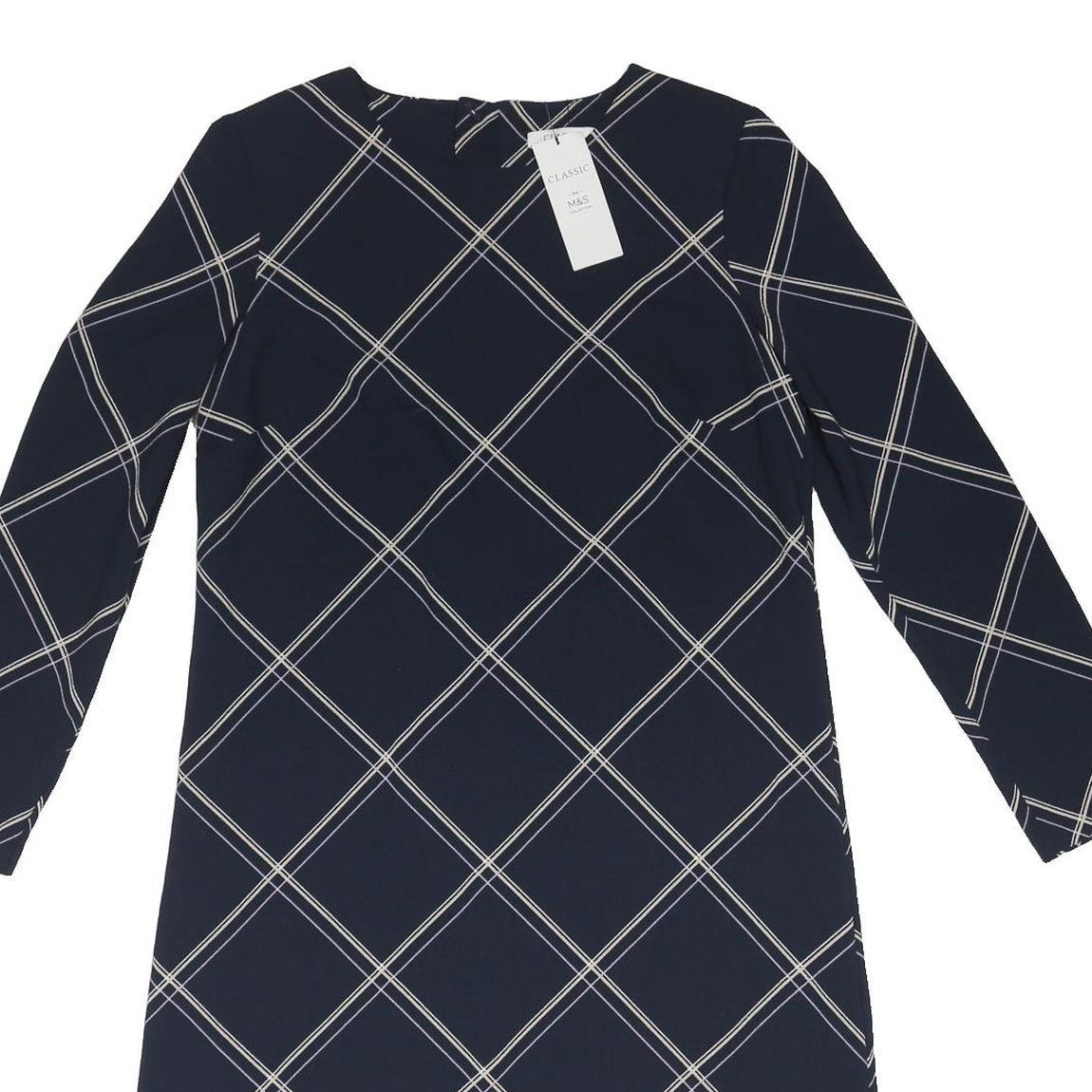 M&S Womens Navy Blue & Cream Check Day Woven Long Sleeve Knee Length UK 12 Dress