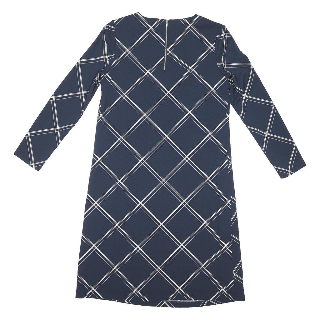 M&S Womens Navy Blue & Cream Check Day Woven Long Sleeve Knee Length UK 12 Dress