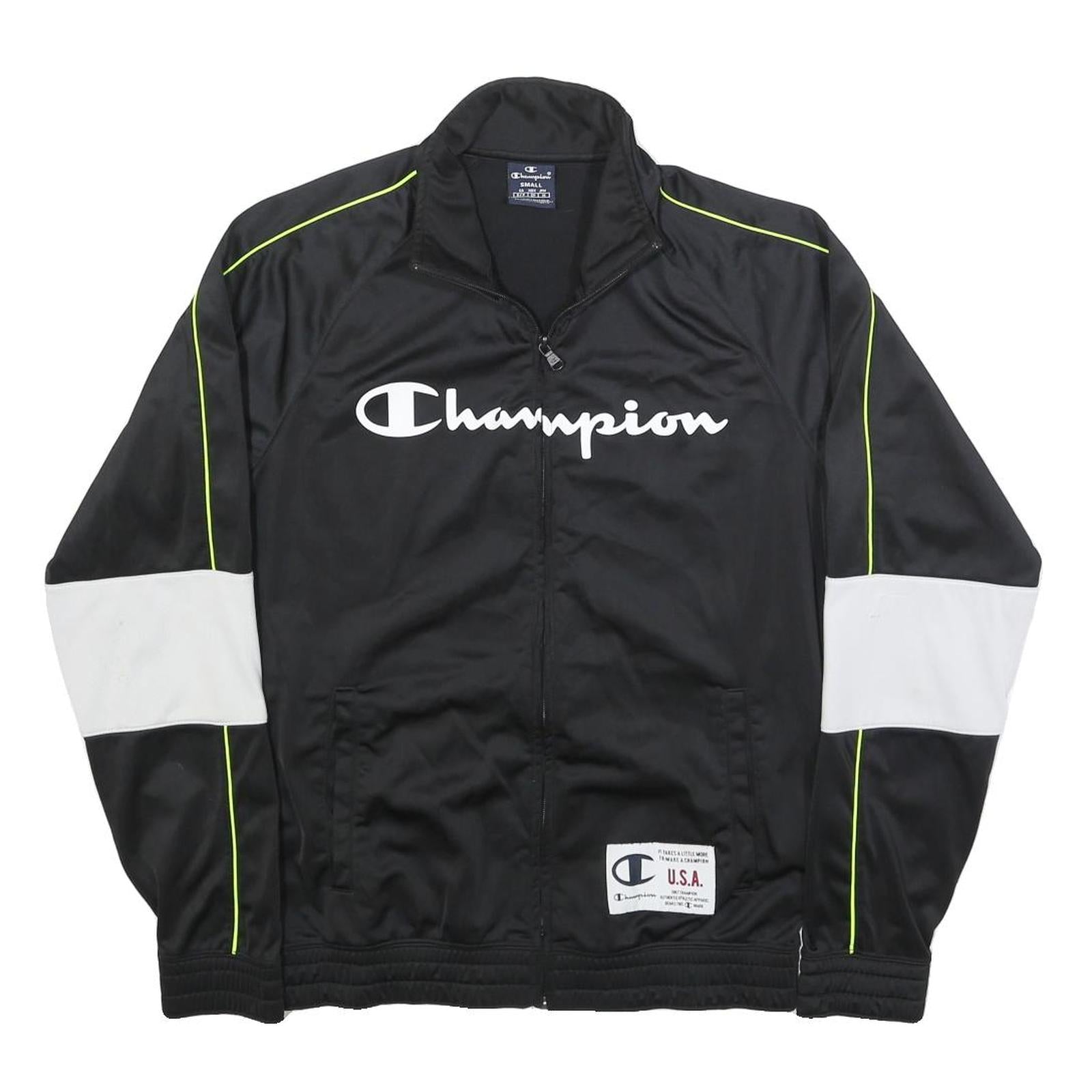 CHAMPION Mens Black & White Logo Track Jacket S Polyester Zip Athletic