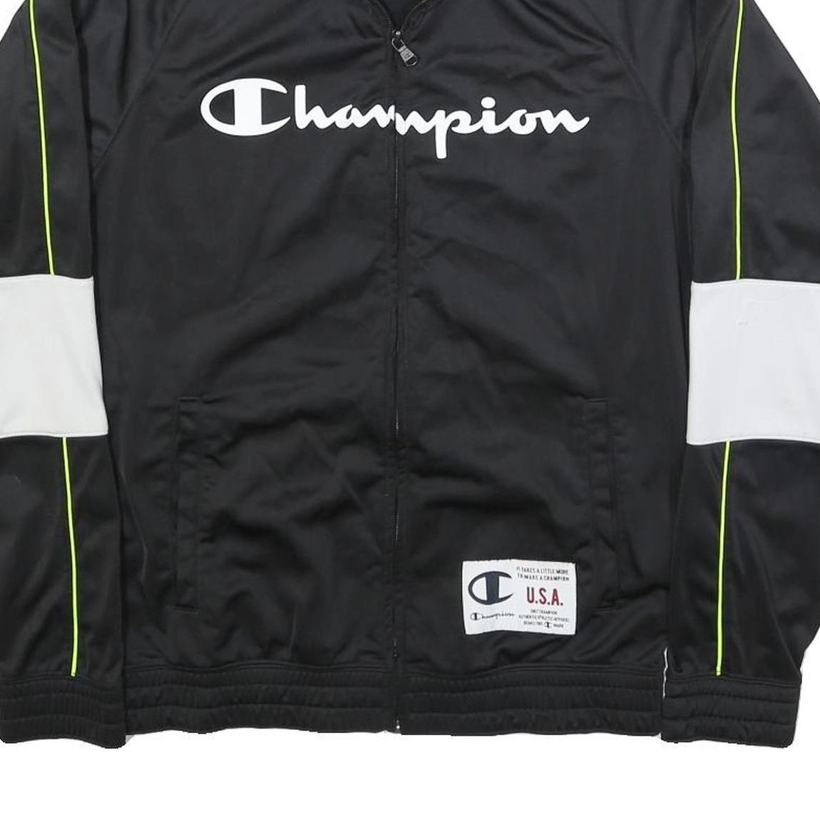 CHAMPION Mens Black & White Logo Track Jacket S Polyester Zip Athletic