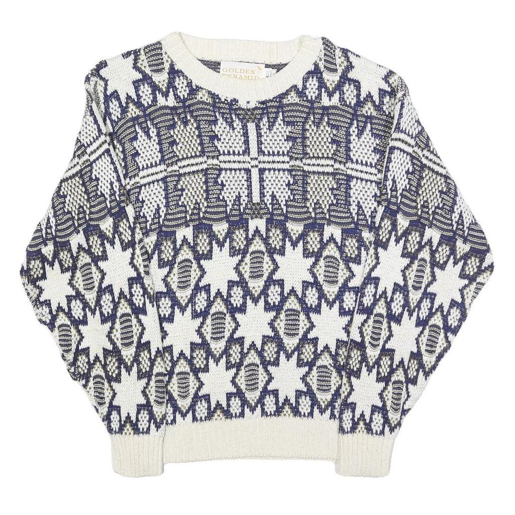 GOLDEN PYRAMID Womens White & Navy Patterned Cotton Jumper Crew Neck Regular L