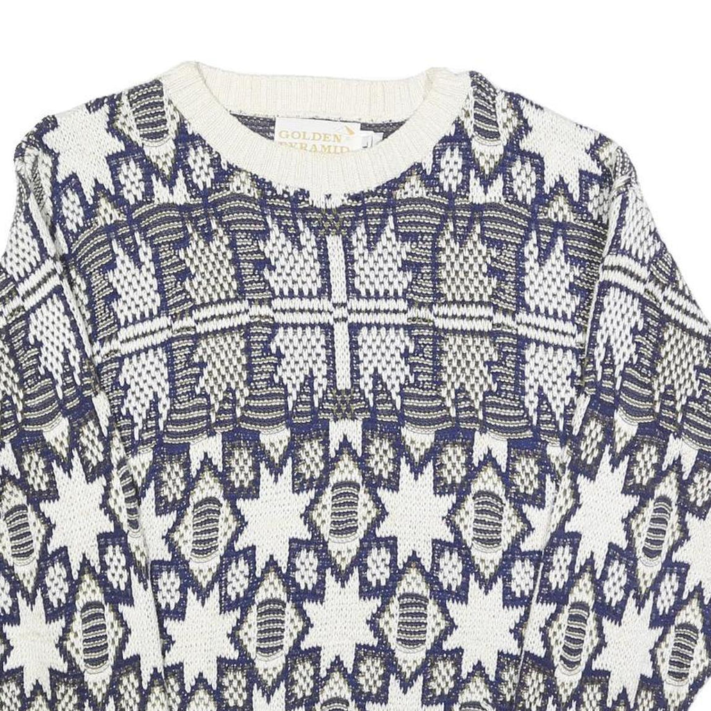 GOLDEN PYRAMID Womens White & Navy Patterned Cotton Jumper Crew Neck Regular L