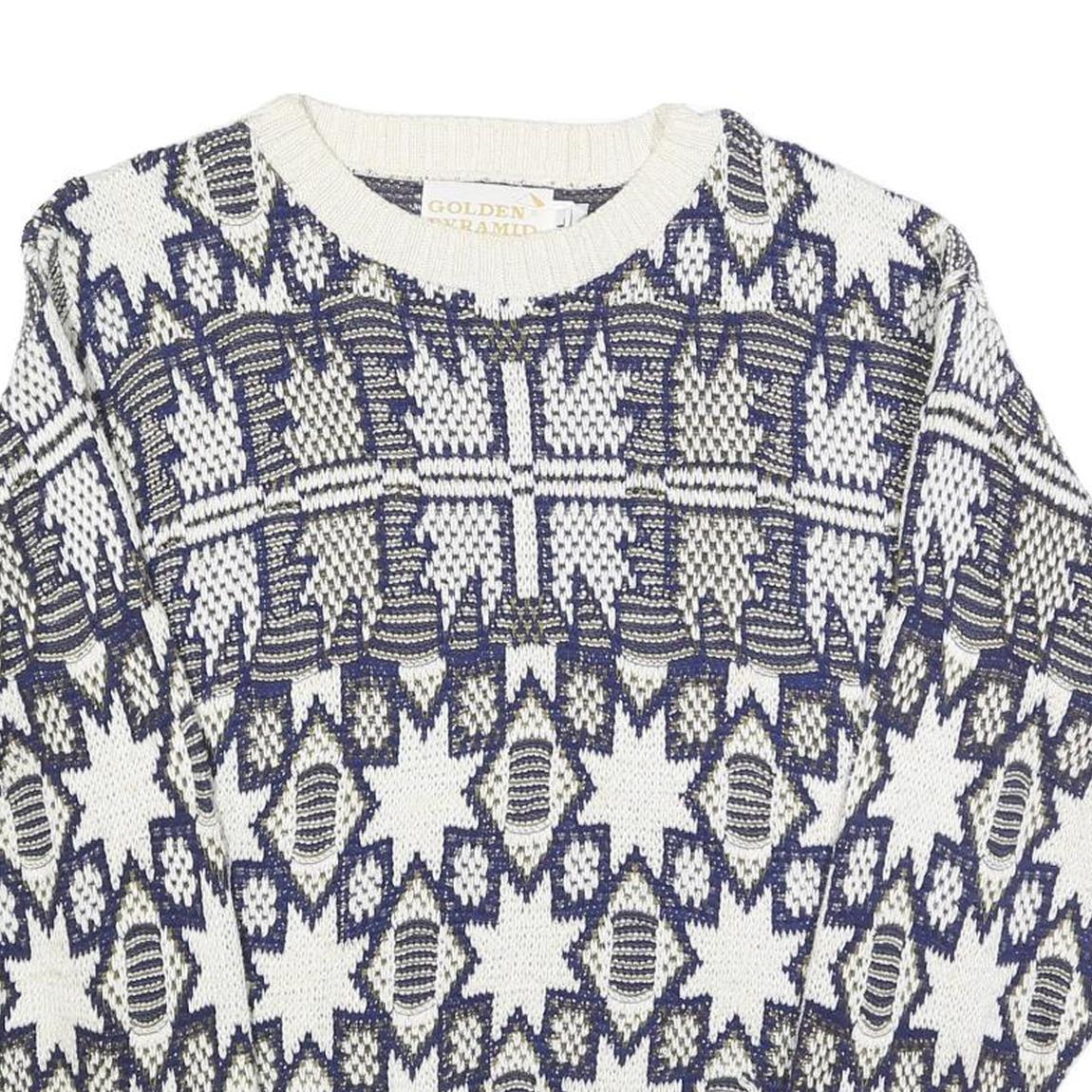 GOLDEN PYRAMID Womens White & Navy Patterned Cotton Jumper Crew Neck Regular L