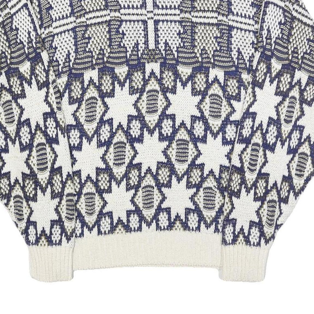 GOLDEN PYRAMID Womens White & Navy Patterned Cotton Jumper Crew Neck Regular L