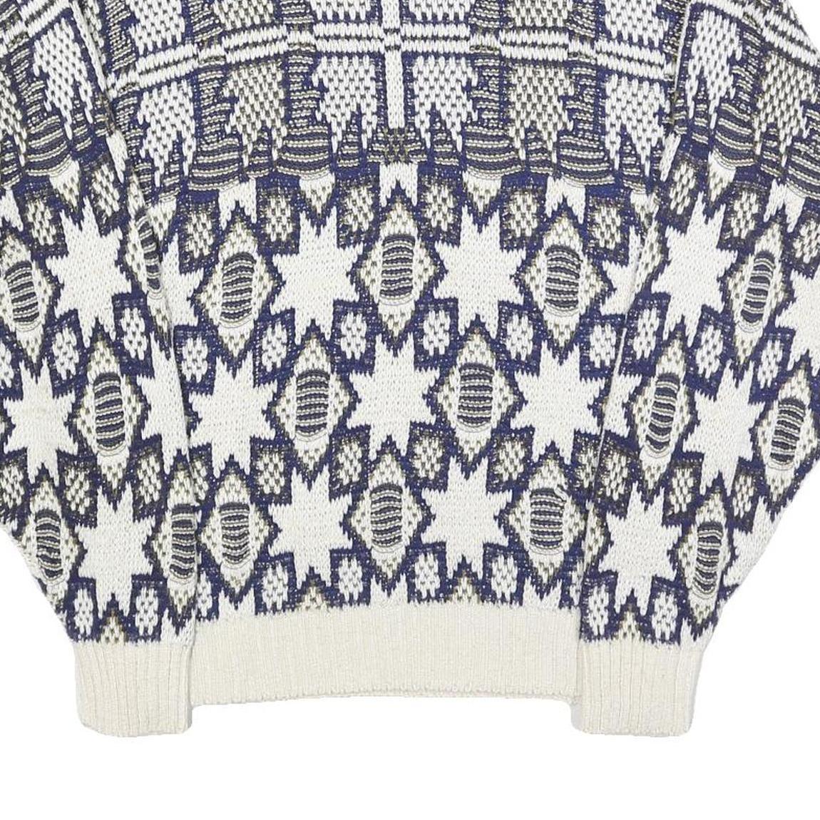 GOLDEN PYRAMID Womens White & Navy Patterned Cotton Jumper Crew Neck Regular L