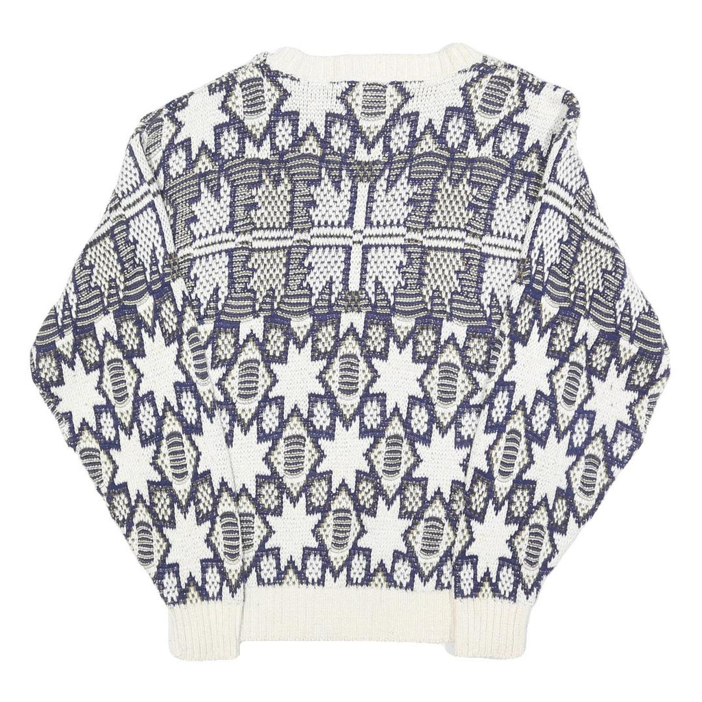 GOLDEN PYRAMID Womens White & Navy Patterned Cotton Jumper Crew Neck Regular L