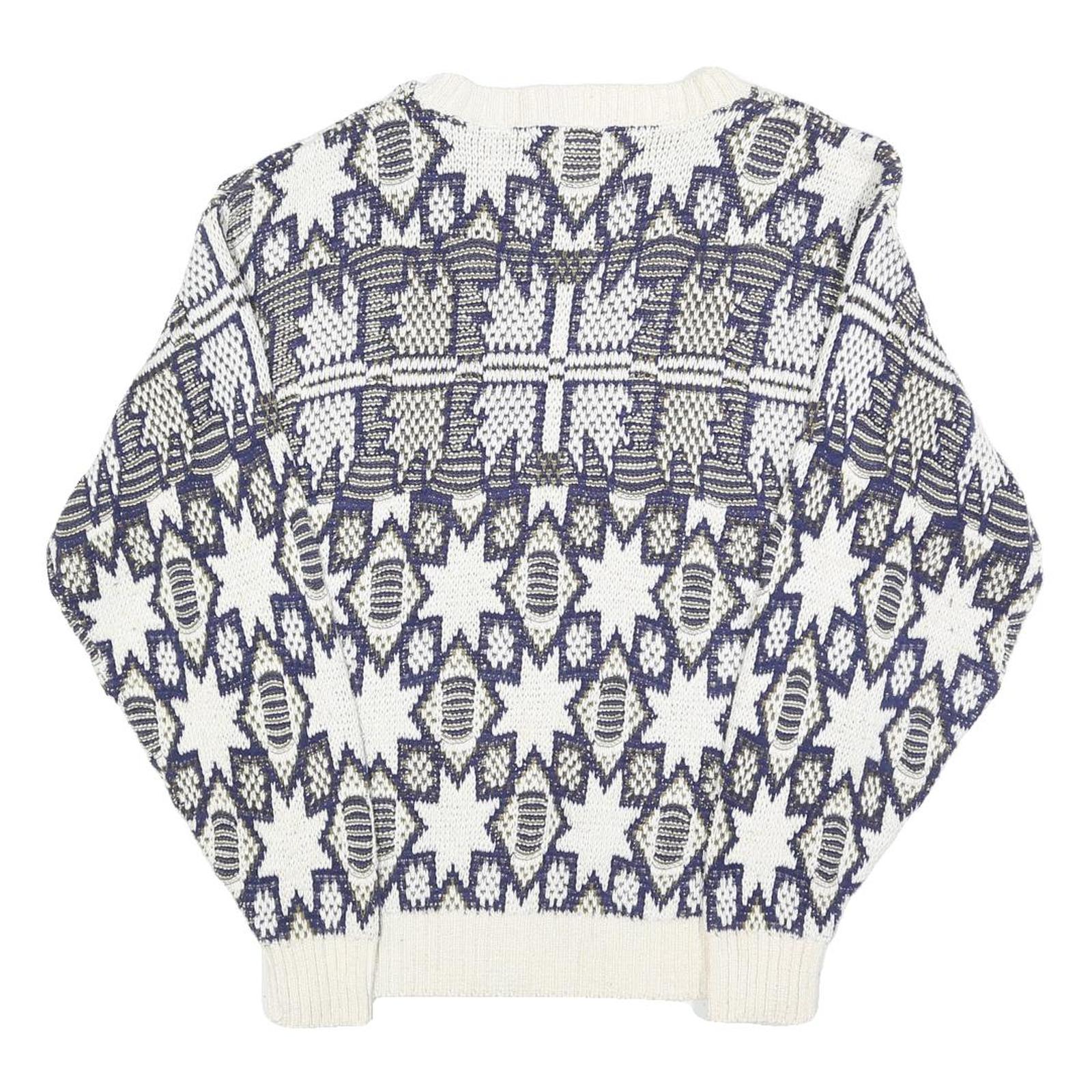 GOLDEN PYRAMID Womens White & Navy Patterned Cotton Jumper Crew Neck Regular L