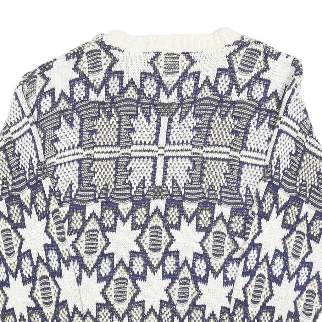 GOLDEN PYRAMID Womens White & Navy Patterned Cotton Jumper Crew Neck Regular L