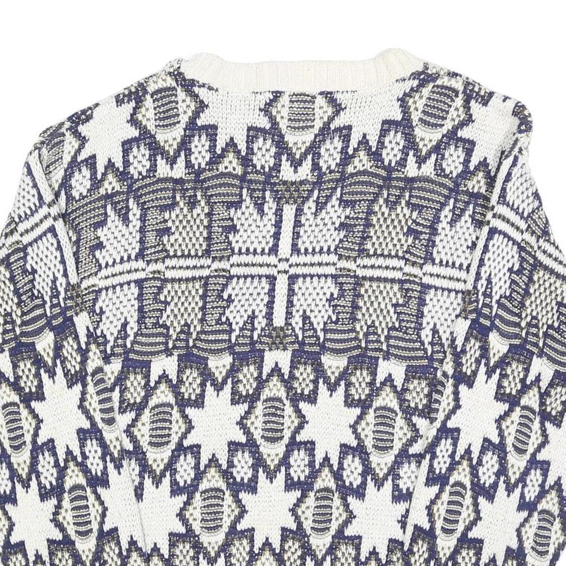 GOLDEN PYRAMID Womens White & Navy Patterned Cotton Jumper Crew Neck Regular L