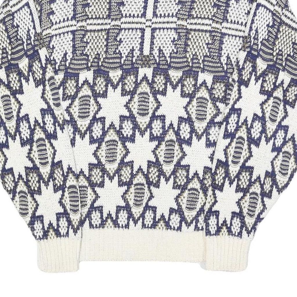 GOLDEN PYRAMID Womens White & Navy Patterned Cotton Jumper Crew Neck Regular L