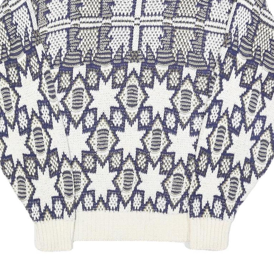 GOLDEN PYRAMID Womens White & Navy Patterned Cotton Jumper Crew Neck Regular L