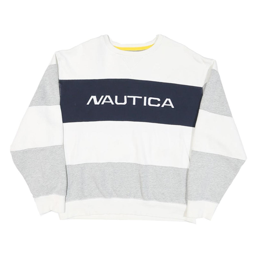 NAUTICA Mens White & Grey Colour Block Sweatshirt L Cotton Blend Crew Neck