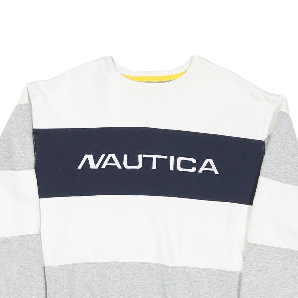 NAUTICA Mens White & Grey Colour Block Sweatshirt L Cotton Blend Crew Neck