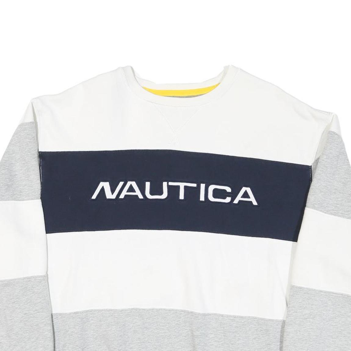 NAUTICA Mens White & Grey Colour Block Sweatshirt L Cotton Blend Crew Neck