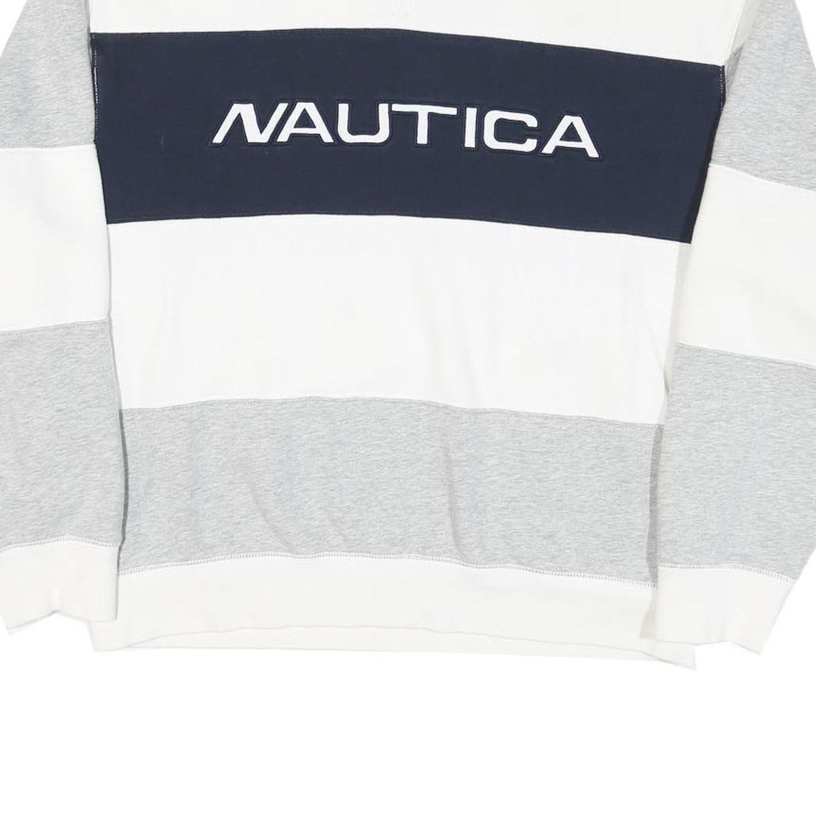 NAUTICA Mens White & Grey Colour Block Sweatshirt L Cotton Blend Crew Neck