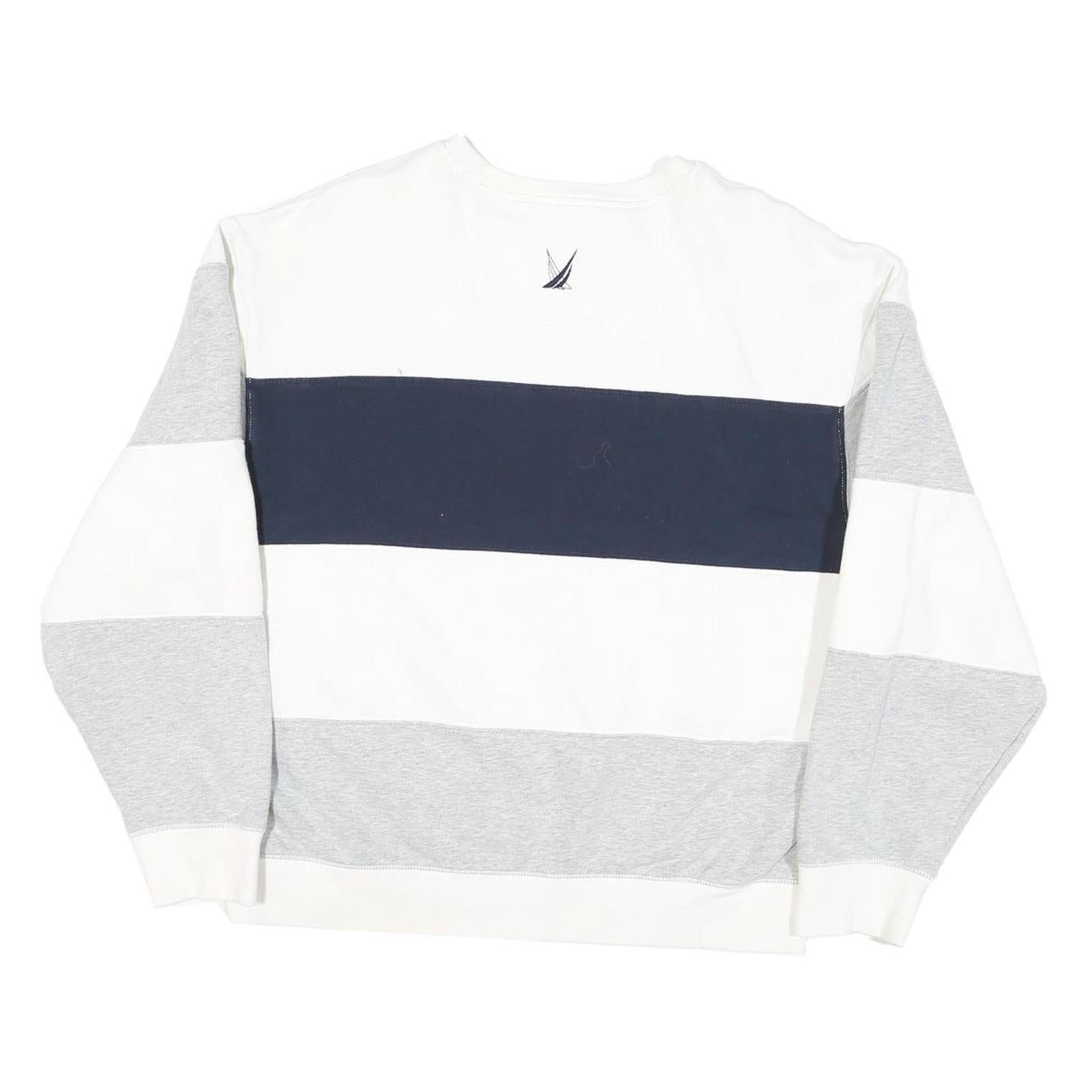 NAUTICA Mens White & Grey Colour Block Sweatshirt L Cotton Blend Crew Neck