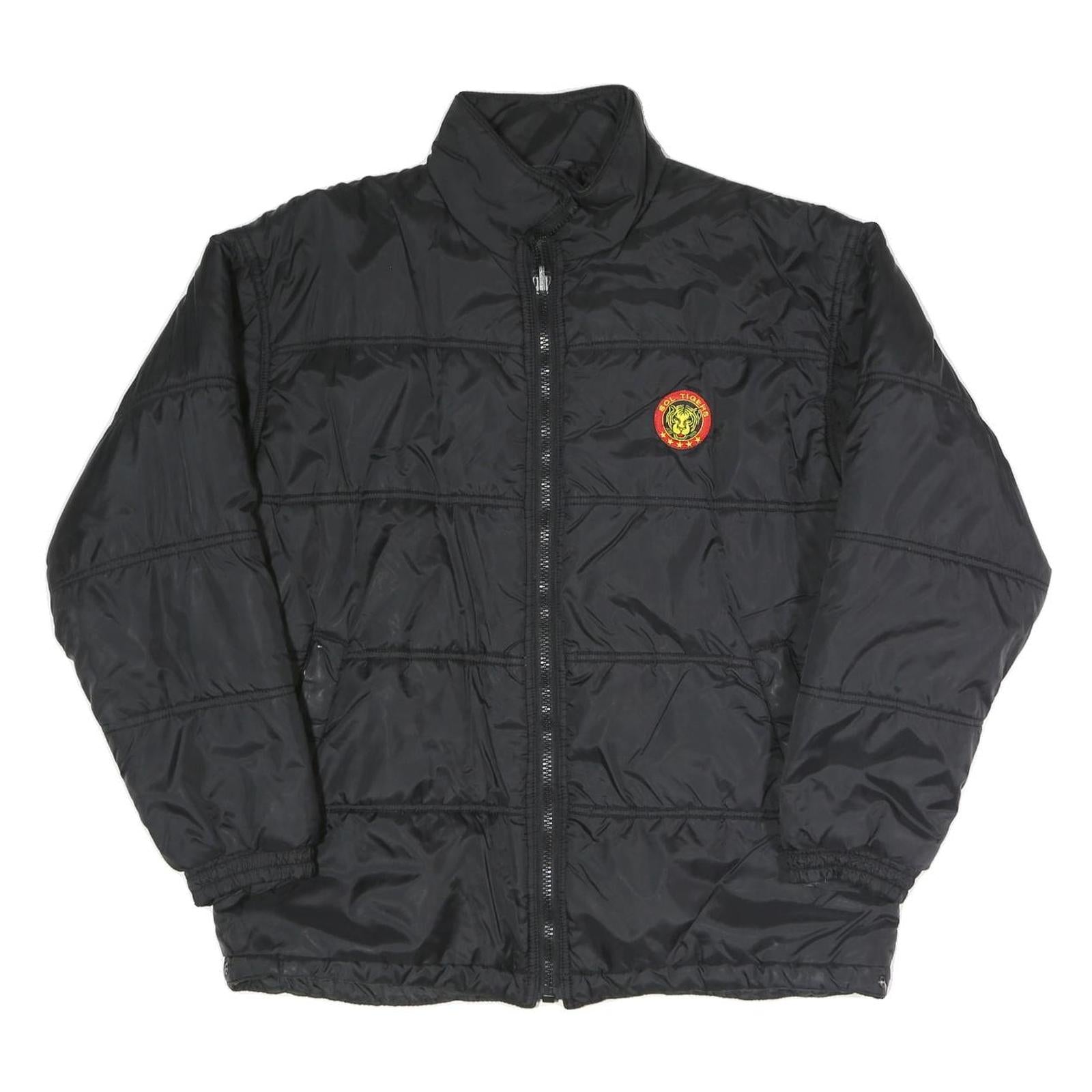 Mens Black Quilted Jacket Polyester Blend Tiger Logo L Zip Closure Stand-Up