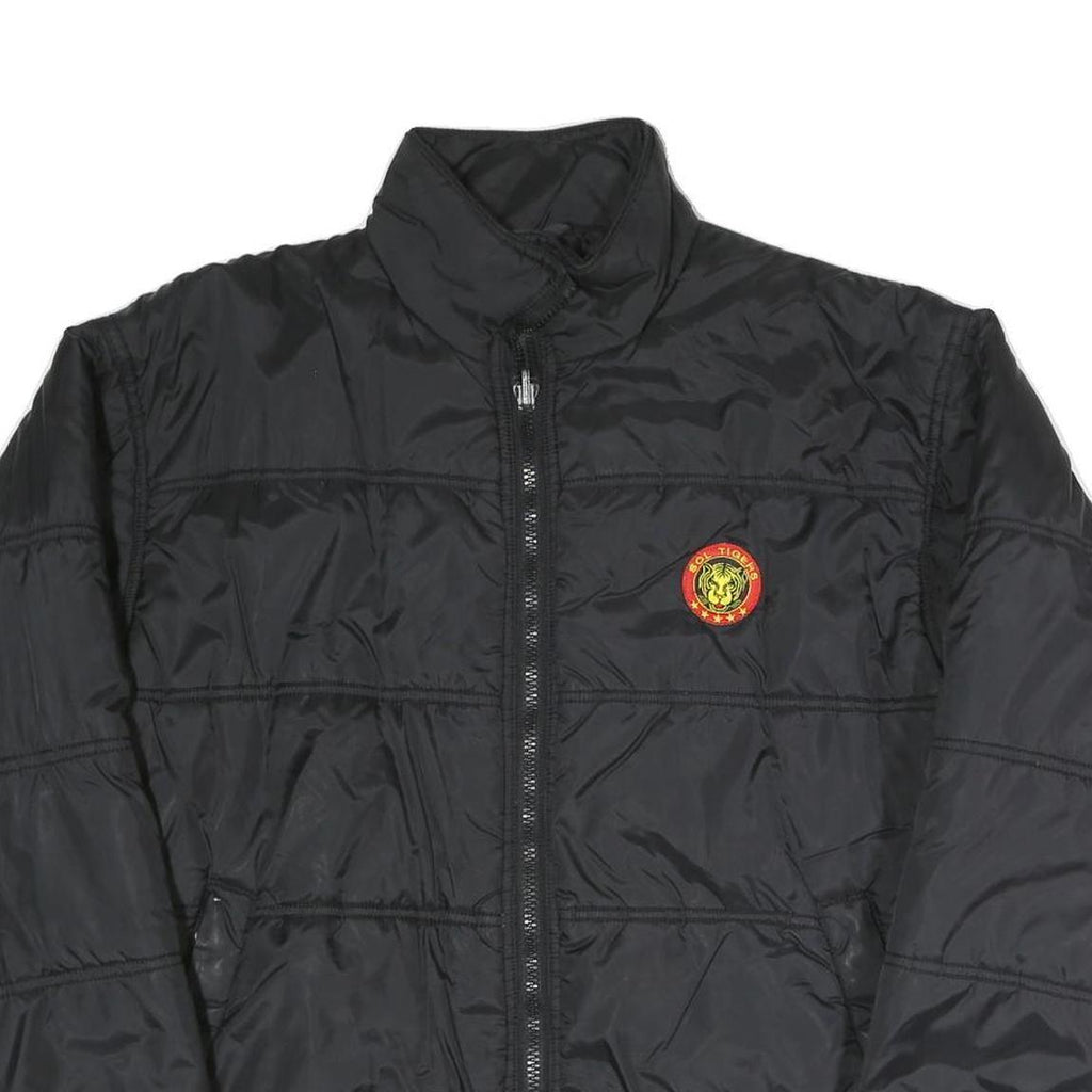 Mens Black Quilted Jacket Polyester Blend Tiger Logo L Zip Closure Stand-Up
